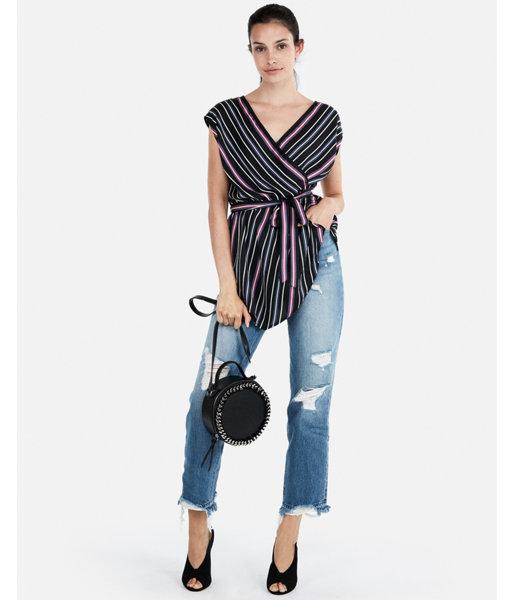 Express Womens Striped Handkerchief Hem Wrap Blouse