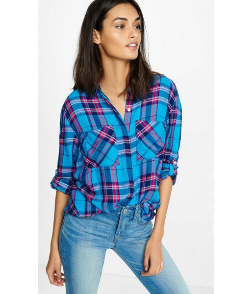 Express Women's Shirts Green Plaid Oversized Boyfriend