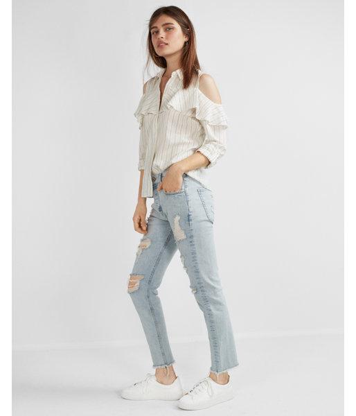 Express Striped Ruffle Cold Shoulder Linen-blend Blouse