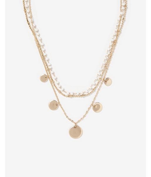 Express Womens Layered Bead & Disc Pendant Necklace