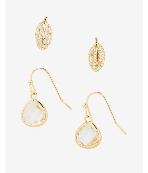 Express Set Of Two Pave Leaf And Teadrop Earrings