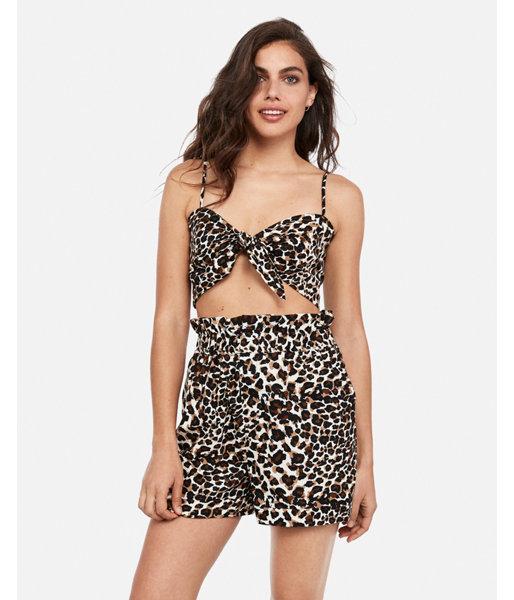 Express Womens Express Womens Rocky Barnes Leopard Print Linen-blend Tie Front Cropped Top
