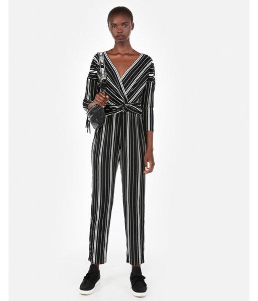 Express Womens Petite Striped Surplice Twist Front Jumpsuit