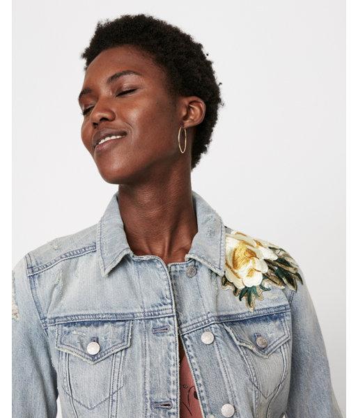 Express Womens Denim Trucker Jacket With Floral Embroidery