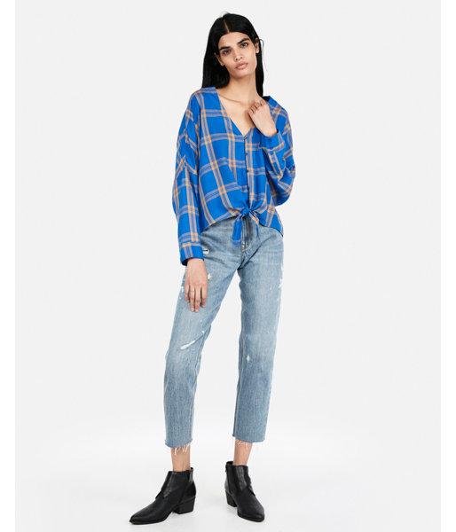 Express Womens Blue Plaid Tie Hem