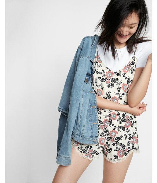Express Floral Print Lace Hem Romper