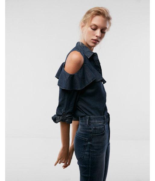 Express Womens Ruffle Cold Shoulder Denim Top