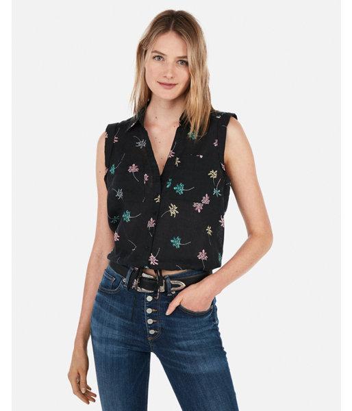 Express Womens Printed Tie Hem Linen-blend Pocket