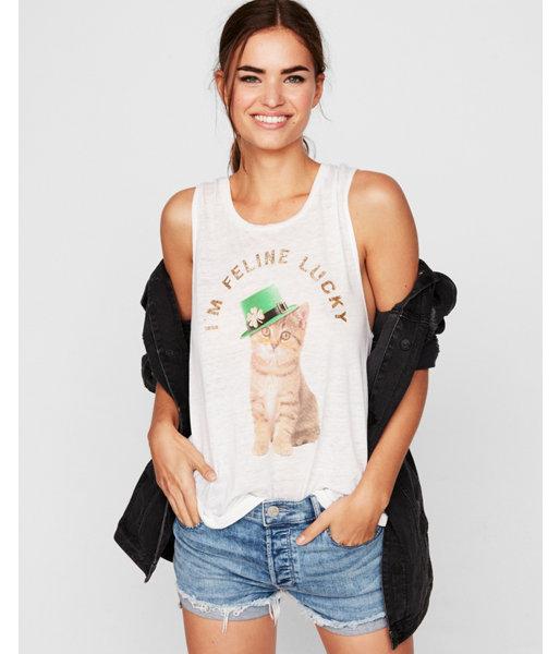Express Womens I'm Feline Lucky Graphic Tank