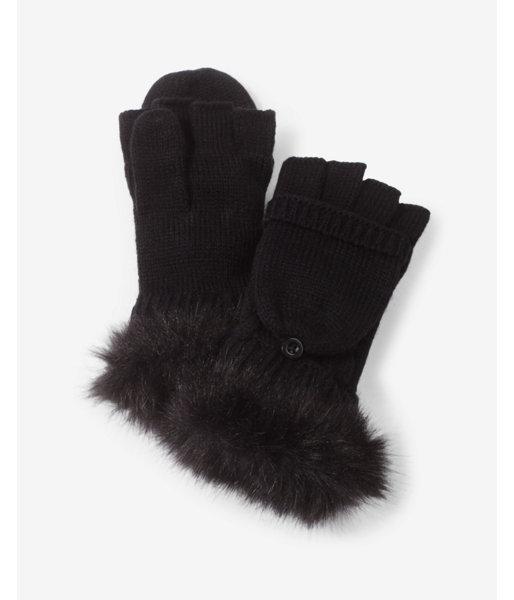 Express Womens Black Faux Fur Tip Flip Top Gloves
