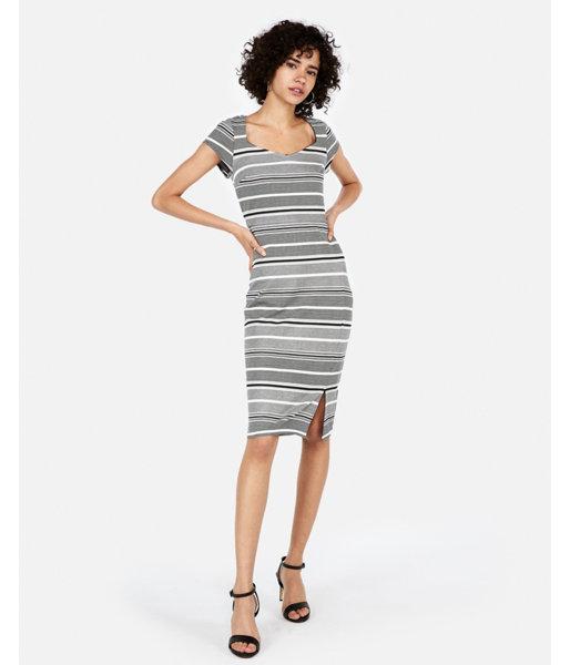 Express Womens Petite Striped Puff Shoulder Sweetheart Dress