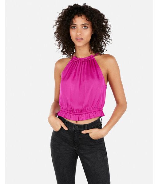 Express Womens Satin High Neck Cropped Tank