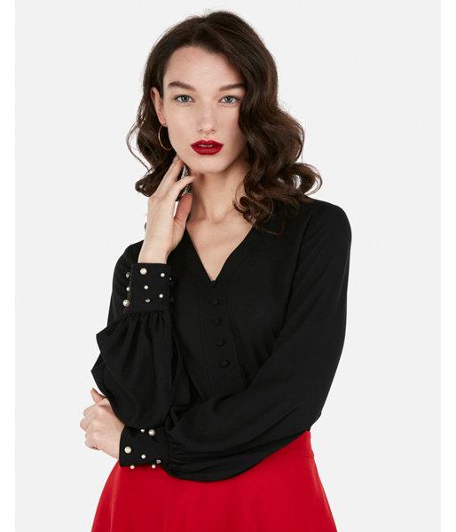 Express Womens Pearl Cuff Button Front Chelsea Popover