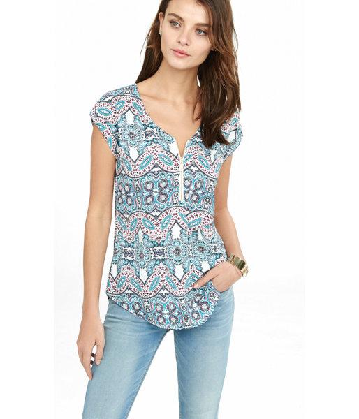 Express Women's Tops Paisley Print Zip Front Rolled