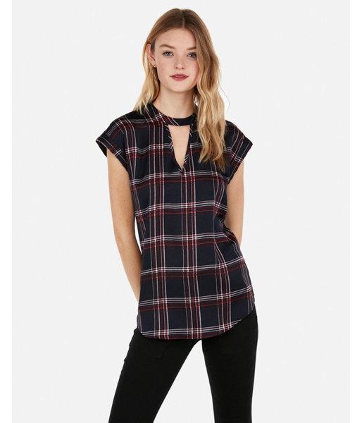 Express Womens Satin Choker Neck Plaid Gramercy Tee