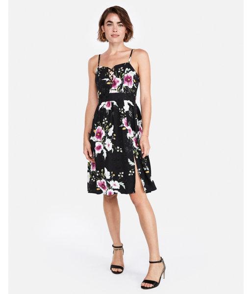 Express Womens Floral Lace-up Front Fit And Flare Dress