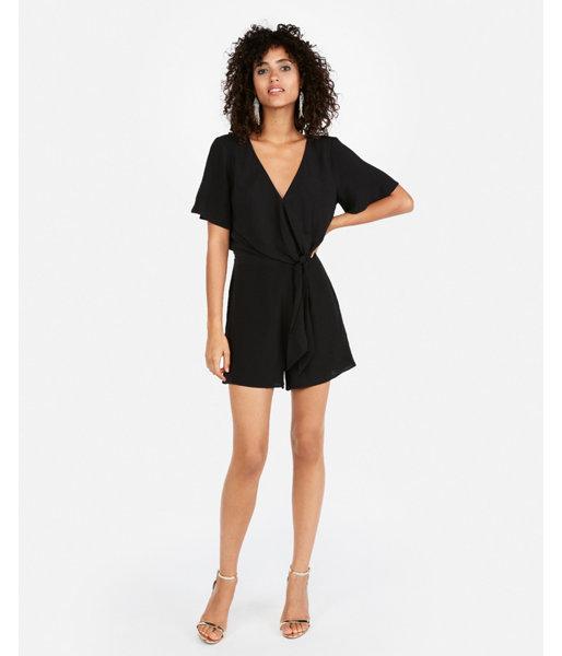 Express Womens Solid Tie Front Romper