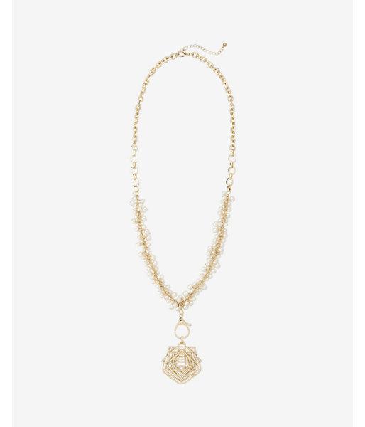 Express Womens Pave Deco Stone Cluster Pearl Pendant Necklace