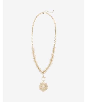 Express Womens Pave Deco Stone Cluster Pearl Pendant Necklace