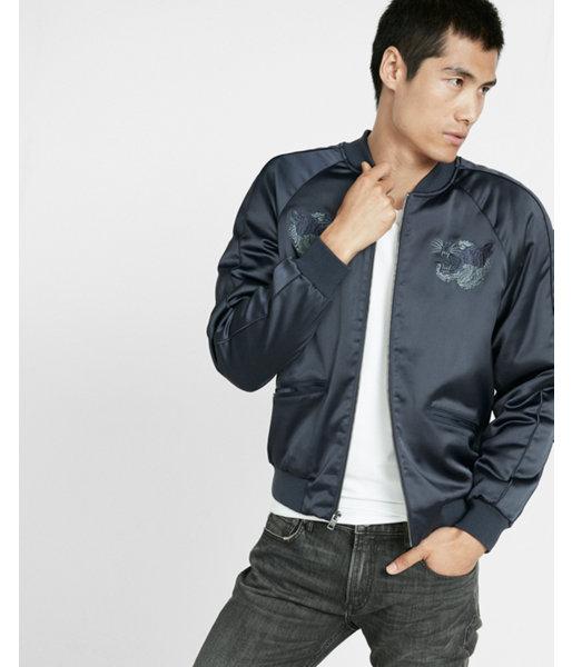 Express Mens Embroidered Tiger Tonal Souvenir Bomber Jacket