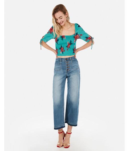 Express Womens Floral Smocked Bodice Puff Sleeve Cropped Top