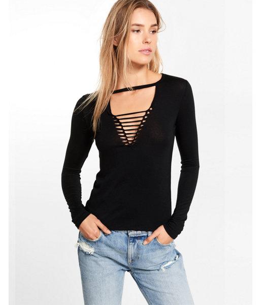 Express Womens Express One Eleven Long Sleeve Slash Front Choker Top