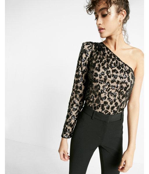 Express Sequin Mesh Long Sleeve One Shoulder Blouse