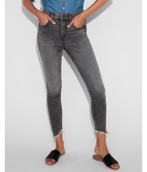 Express Womens Express Womens Super High Waisted Black Distressed Denim Perfect Stretch+ Ankle