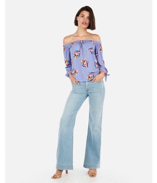 Express Womens Floral Off The Shoulder Tie Cuff Top