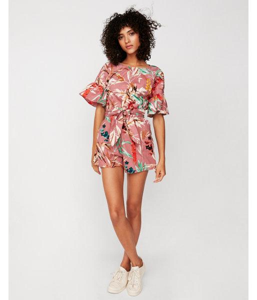 Express Womens Pink Floral Ruffle Sleeve Tie Waist Romper