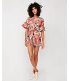 Express Womens Pink Floral Ruffle Sleeve Tie Waist Romper