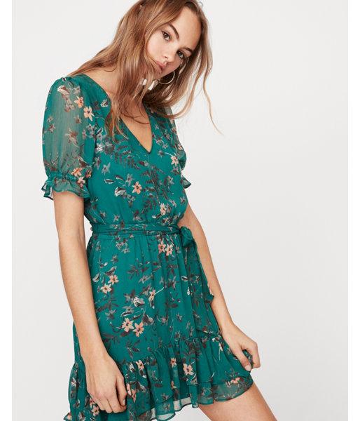 Express Womens Floral Ruffle Tie Waist Dress