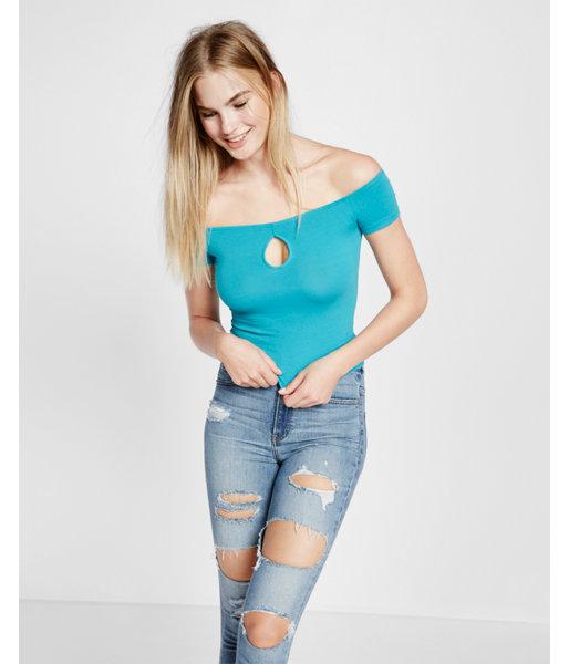 Express Womens Off The Shoulder Keyhole Tee