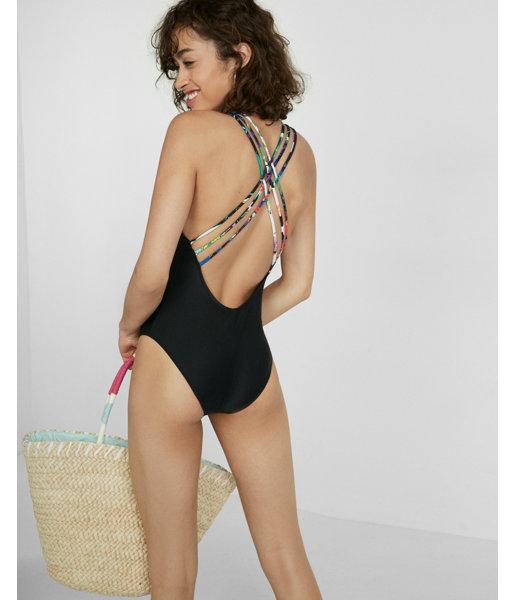 Express Womens Floral Strappy Back Deep V One-piece