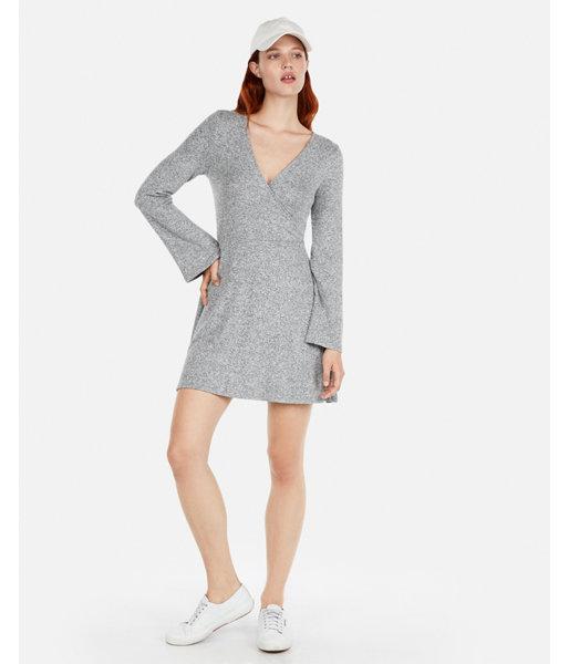 Express Womens Long Sleeve Surplice Cozy Fit And Flare Dress