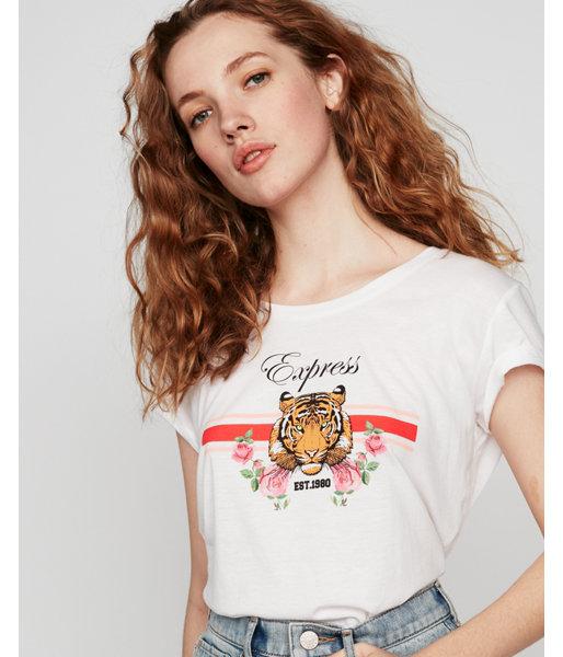 Express Womens Tiger Rose Boxy Crew Neck Graphic Tee