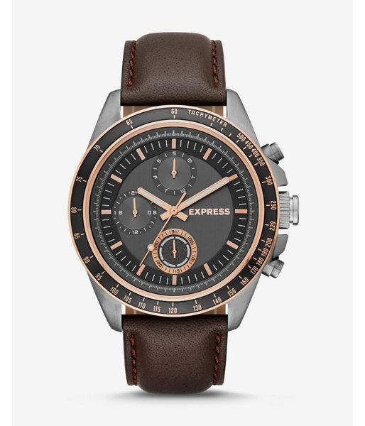 Express Mens Brown Leather Strap Multi-function Watch