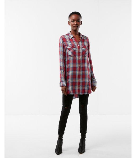 Express Womens Red Blue Plaid Button Up Tunic