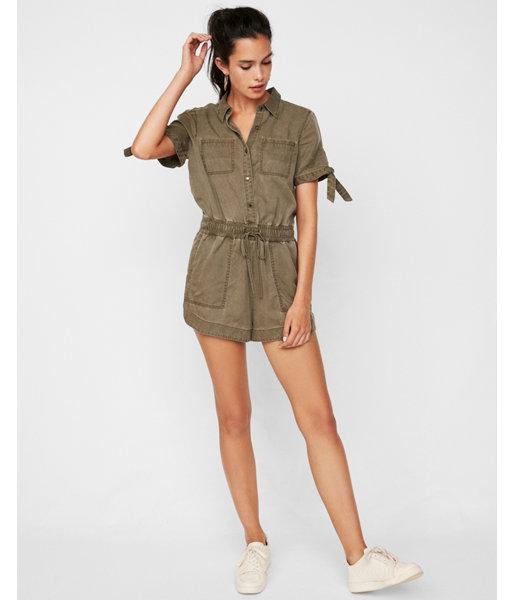 Express Womens Solid Tie Sleeve Utility Romper