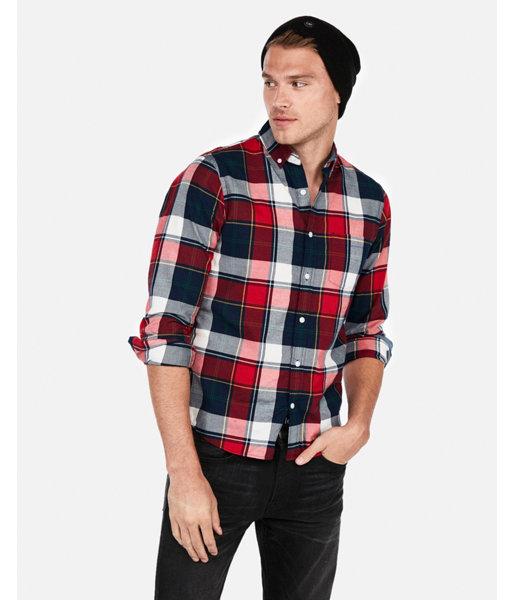 Express Mens Slim Plaid Button-down Collar Soft Wash