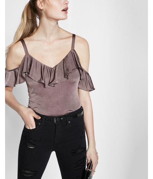 Express Womens Metallic Ruffle Overlay Cold Shoulder Blouse