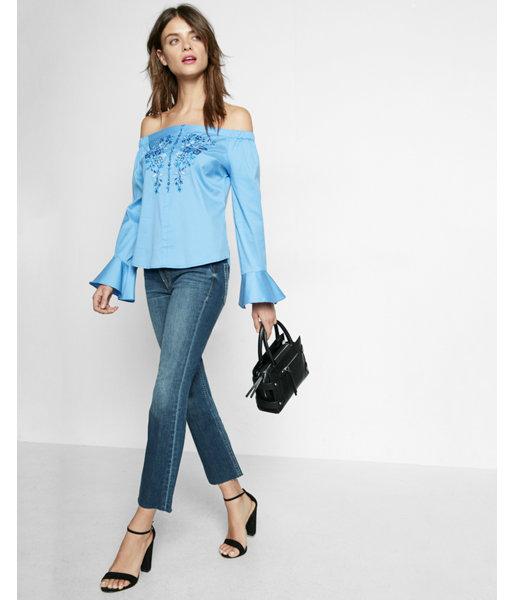 Express Bell Sleeve Off The Shoulder Embroidered Top