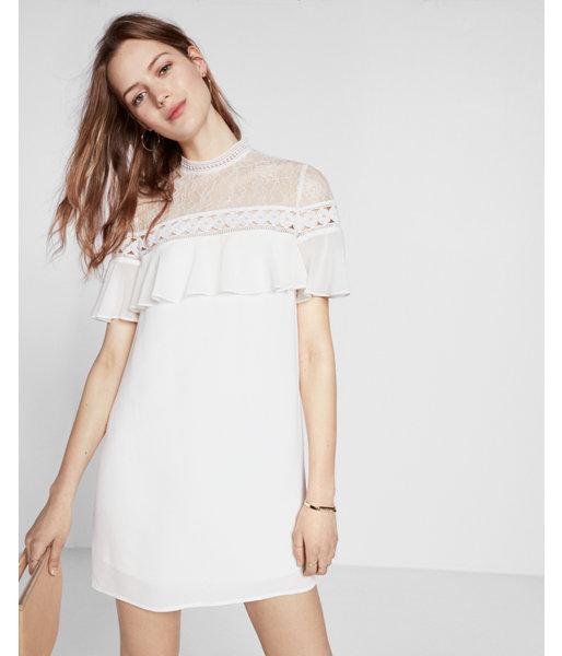 Express Womens Lace Yoke Ruffle Short Sleeve