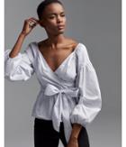 Express Womens Striped Off The Shoulder Puff Sleeve Surplice Blouse