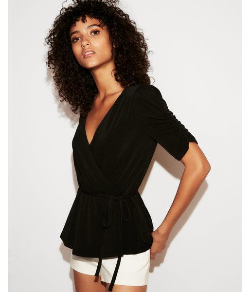 Express Womens Ruched Sleeve Tie Front V-neck Wrap Top
