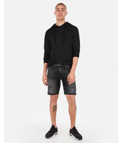Express Mens Slim 9 Inch Black Distressed Stretch Denim