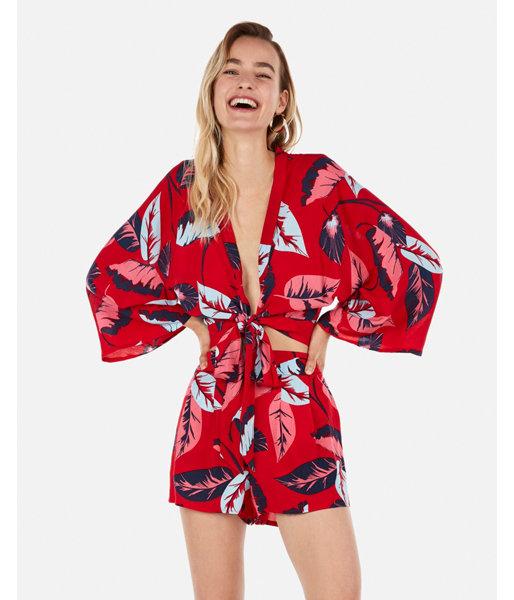 Express Womens Tropical Print Tie Front Top