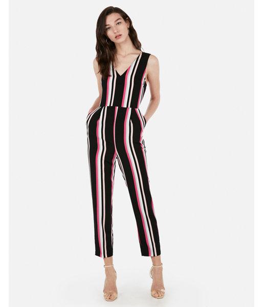 Express Womens Petite Striped V-neck Jumpsuit