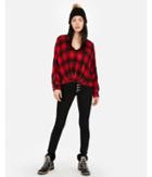 Express Womens Red Plaid Flannel Deep V-neck Top