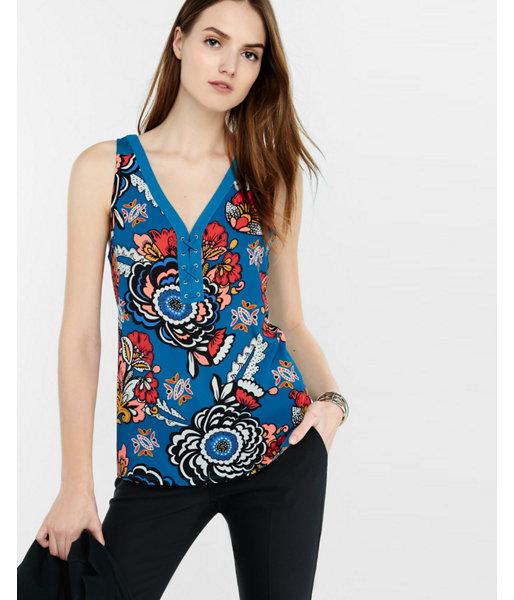 Express Womens Bold Floral Print Lace-up Mixed Fabric Tank